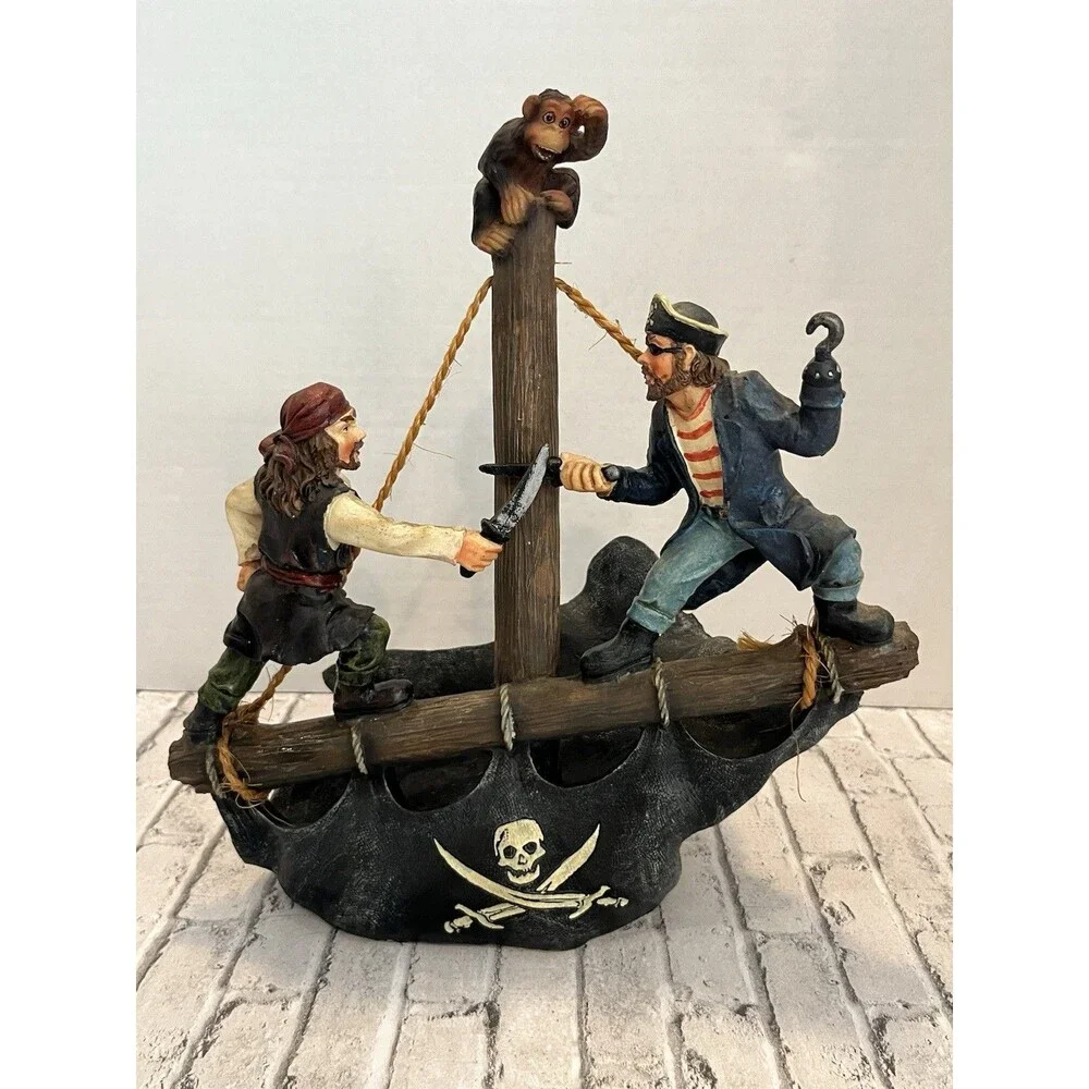 Rare 2007 Fighting Pirates Wine Bottle Holder Resin Statue Bar Decor Nautical